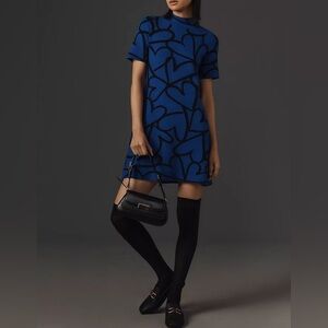 Maeve The Nina Short-Sleeve Mock-Neck Mod Sweater Mini Dress Blue & Black